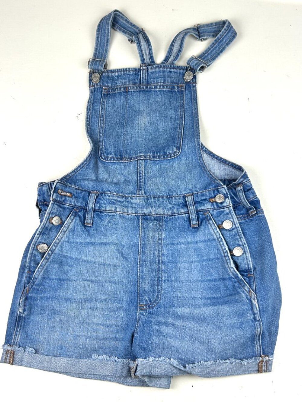 Madewell Denim Overall Shorts Women's Small, Medium Wash Cutoff Raw Hem Shortall